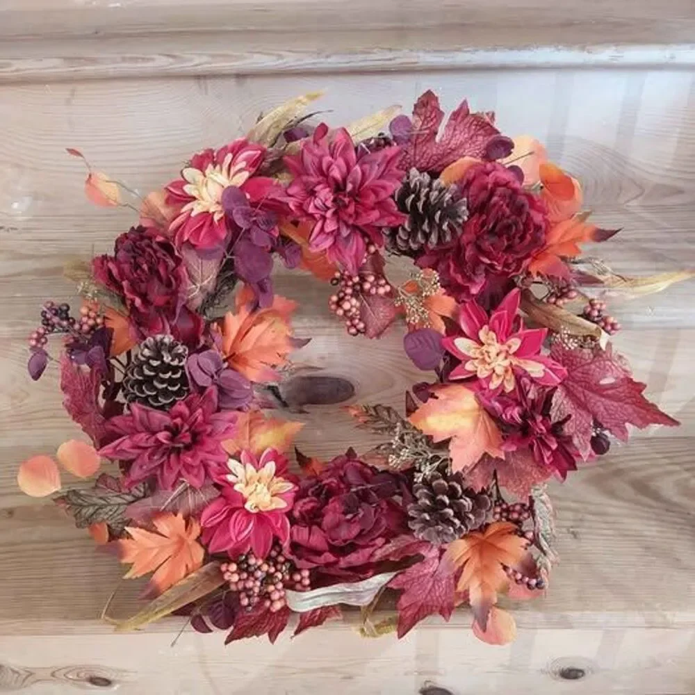 Door Wreath Autumn Dahlia, maple leaves and pinecone BURGUNDY RED ORANGE FLOWERS